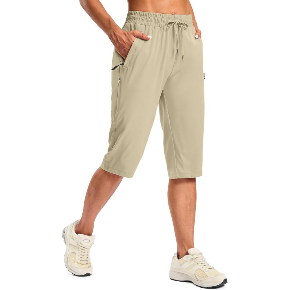 imageSANTINY Womens 15quot Long Shorts with Pockets Below The Knee Length Hiking Cargo Capris Lightweight Quick Dry Bermuda ShortsLight Khaki