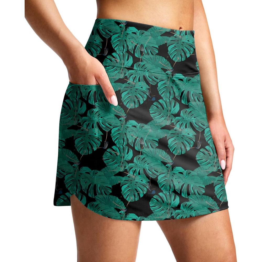 imageSANTINY Womens 17 Long Swim Skirt with Pockets High Waisted Modest Tummy Control Swimsuit Skirt Bathing Suit BottomsLeaf