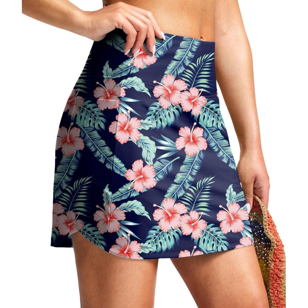 imageSANTINY Womens 17 Long Swim Skirt with Pockets High Waisted Modest Tummy Control Swimsuit Skirt Bathing Suit BottomsNavy Flower