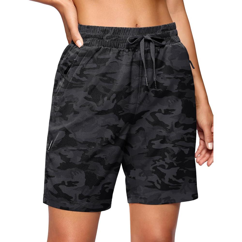 imageSANTINY Womens 7 9 Hiking Shorts with 3 Zipper Pockets Lightweight Quick Dry Long Athletic Golf Shorts for Women CasualBlack Camo