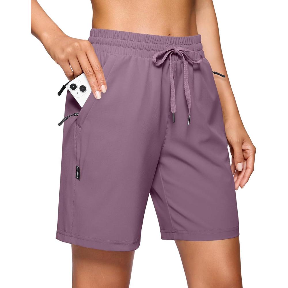 imageSANTINY Womens 7 9 Hiking Shorts with 3 Zipper Pockets Lightweight Quick Dry Long Athletic Golf Shorts for Women CasualLight Purple