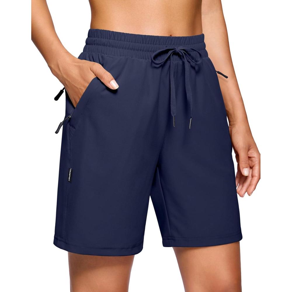 imageSANTINY Womens 7 9 Hiking Shorts with 3 Zipper Pockets Lightweight Quick Dry Long Athletic Golf Shorts for Women CasualNavy