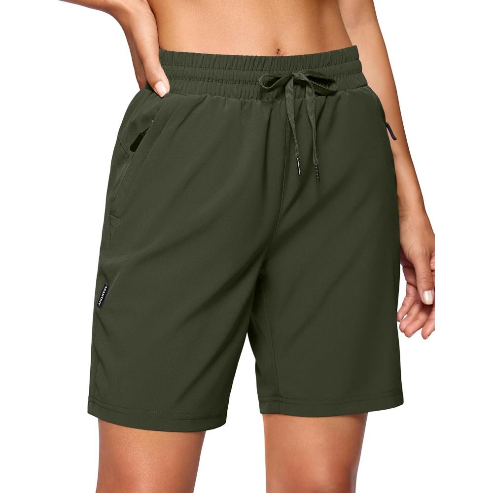 imageSANTINY Womens 7 9 Hiking Shorts with 3 Zipper Pockets Lightweight Quick Dry Long Athletic Golf Shorts for Women CasualOlive Green