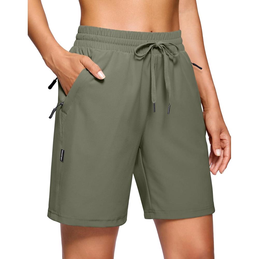 imageSANTINY Womens 7 9 Hiking Shorts with 3 Zipper Pockets Lightweight Quick Dry Long Athletic Golf Shorts for Women CasualSage Green
