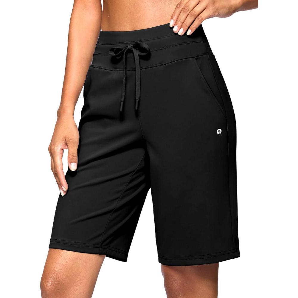 imageSANTINY Womens Bermuda Long Shorts with Pockets Drawstring High Waisted Athletic Knee Length Shorts Walking Casual Workout01black