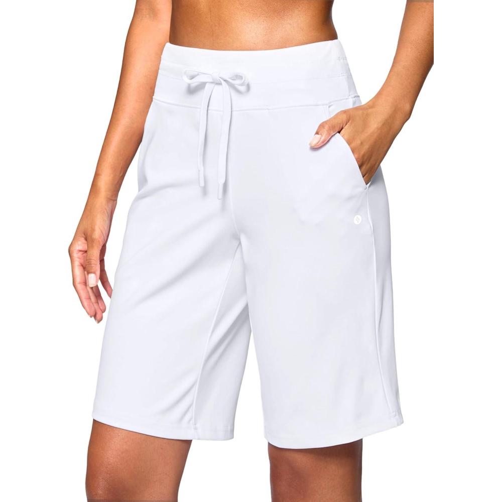 imageSANTINY Womens Bermuda Long Shorts with Pockets Drawstring High Waisted Athletic Knee Length Shorts Walking Casual Workout02white