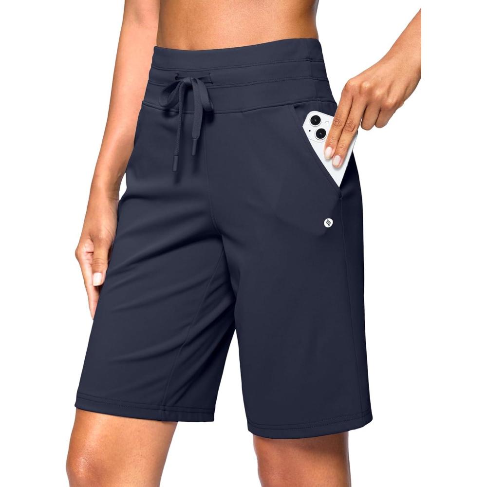 imageSANTINY Womens Bermuda Long Shorts with Pockets Drawstring High Waisted Athletic Knee Length Shorts Walking Casual Workout03navy