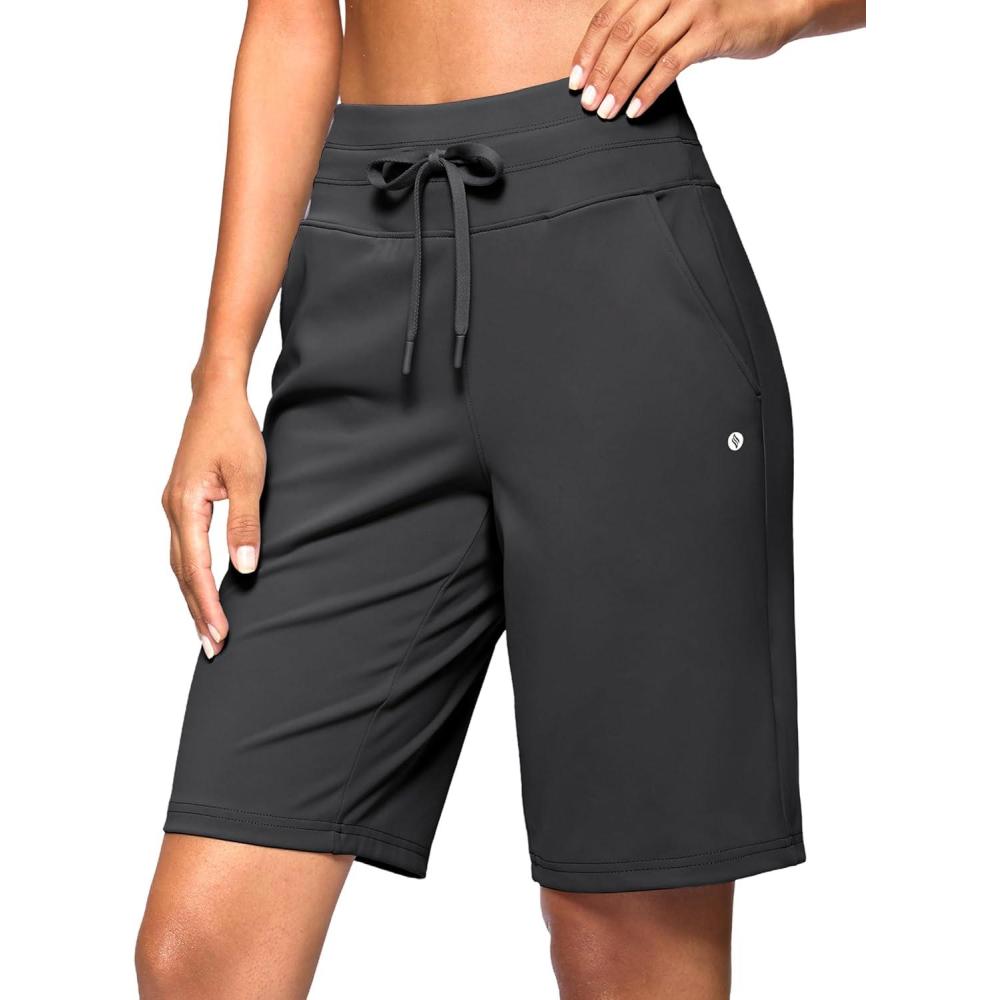 imageSANTINY Womens Bermuda Long Shorts with Pockets Drawstring High Waisted Athletic Knee Length Shorts Walking Casual WorkoutDark Grey