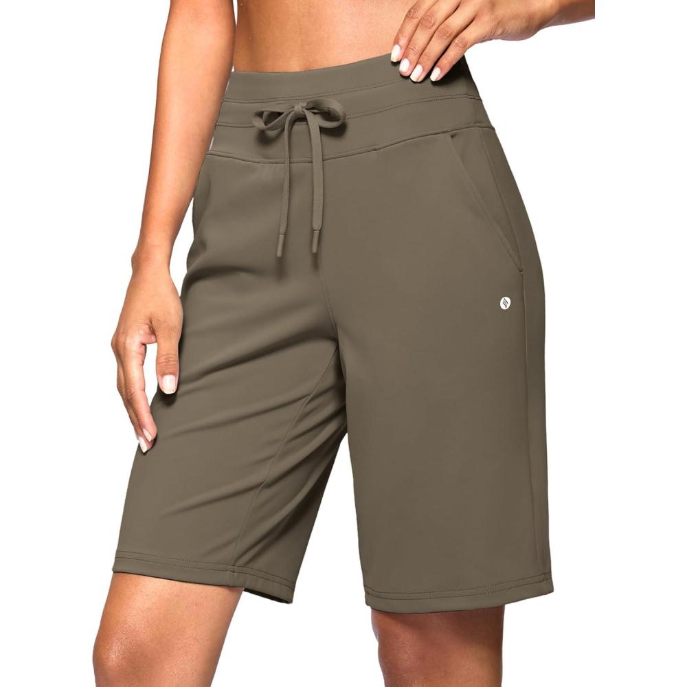 imageSANTINY Womens Bermuda Long Shorts with Pockets Drawstring High Waisted Athletic Knee Length Shorts Walking Casual WorkoutDark Khaki