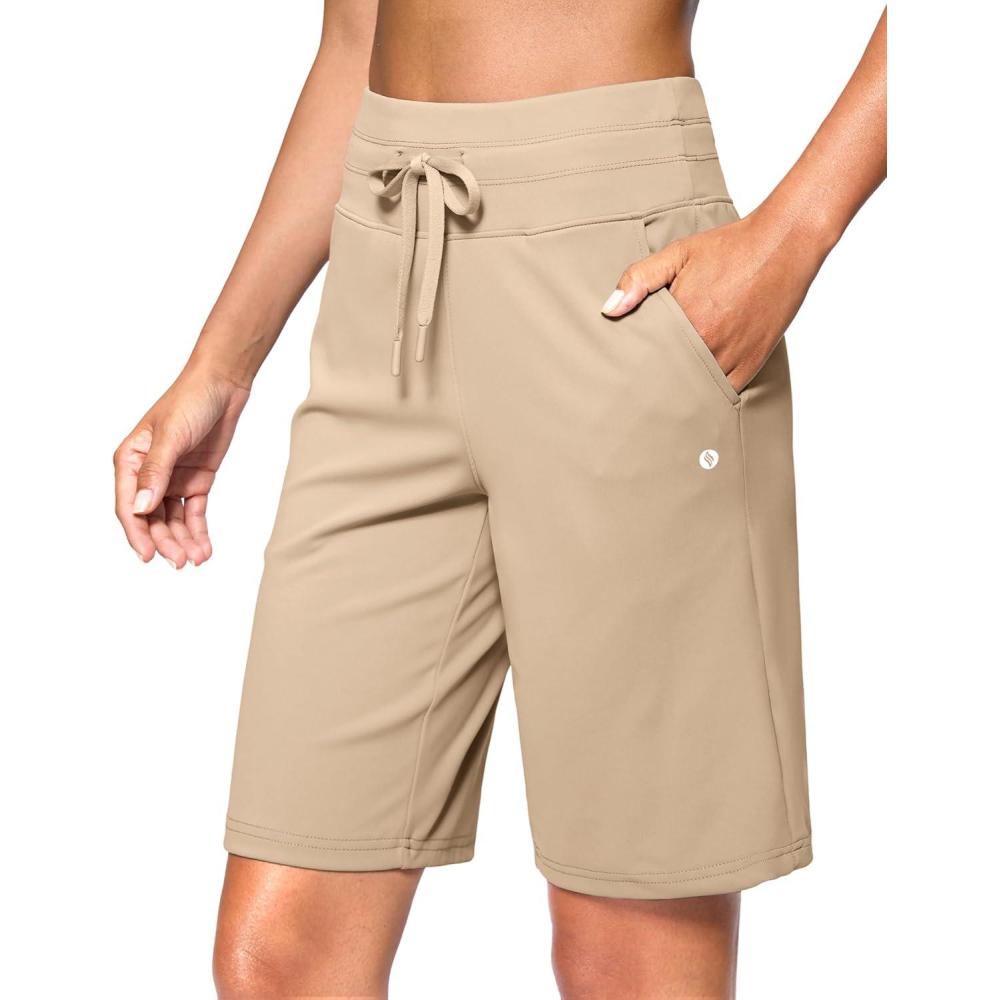 imageSANTINY Womens Bermuda Long Shorts with Pockets Drawstring High Waisted Athletic Knee Length Shorts Walking Casual WorkoutKhaki