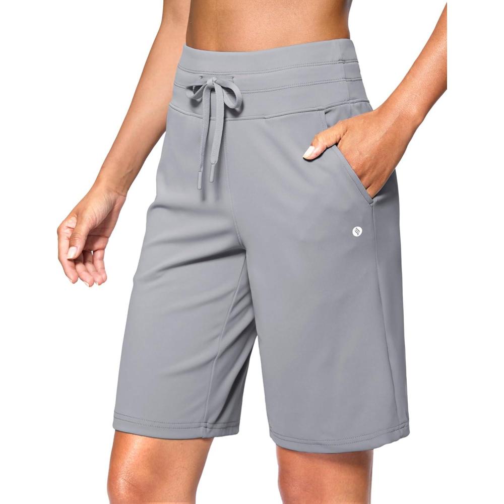 imageSANTINY Womens Bermuda Long Shorts with Pockets Drawstring High Waisted Athletic Knee Length Shorts Walking Casual WorkoutLight Grey