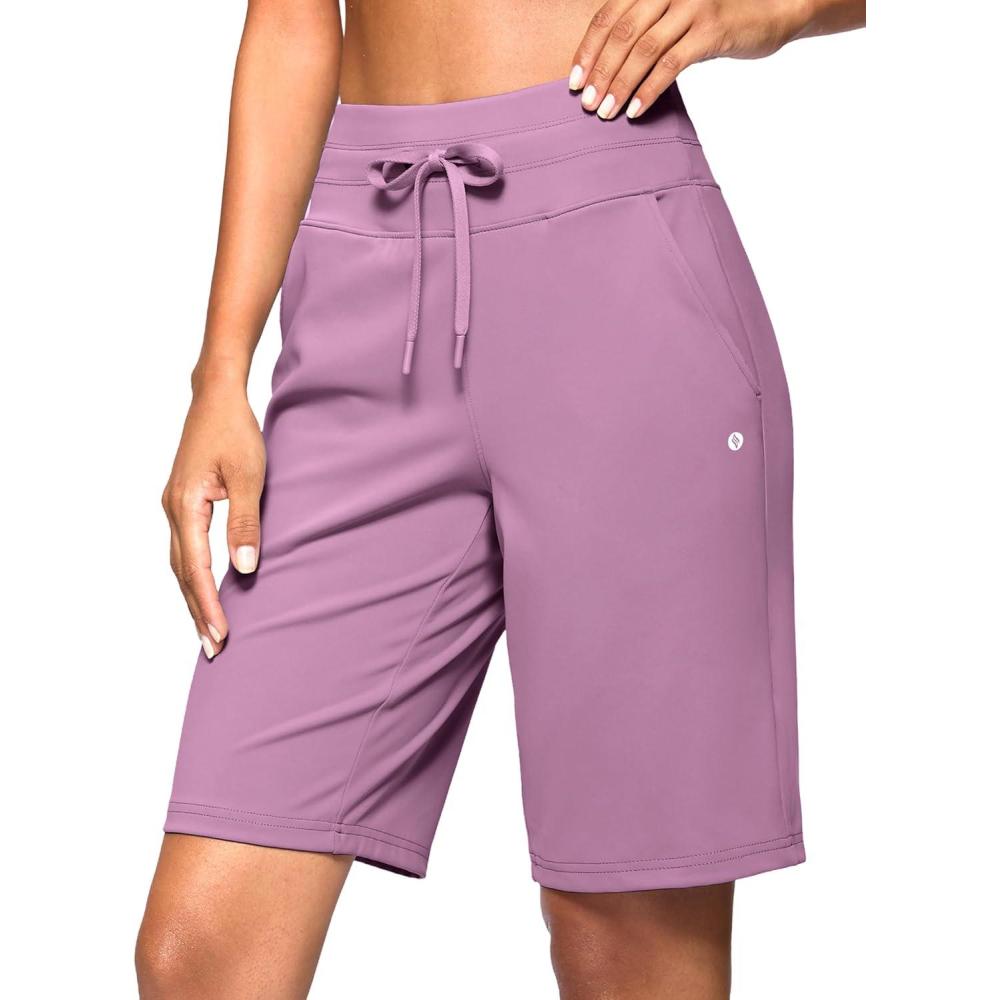 imageSANTINY Womens Bermuda Long Shorts with Pockets Drawstring High Waisted Athletic Knee Length Shorts Walking Casual WorkoutPurple Grey