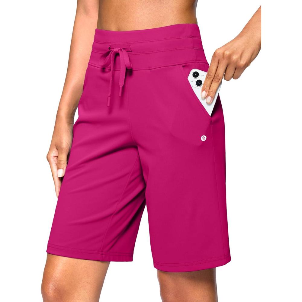 imageSANTINY Womens Bermuda Long Shorts with Pockets Drawstring High Waisted Athletic Knee Length Shorts Walking Casual WorkoutRose Pink
