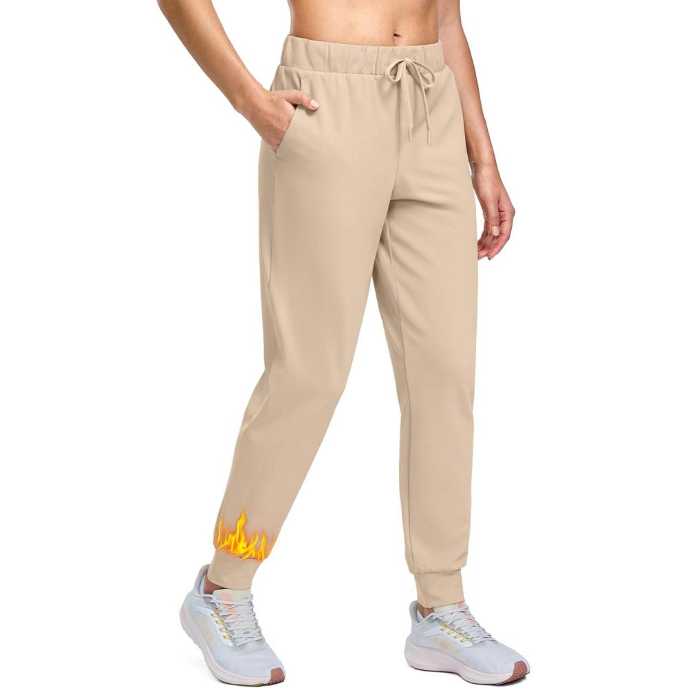 imageSANTINY Womens Fleece Lined Joggers Pockets Drawstring Waterproof Sweatpants Thermal Ski Running Winter Hiking Pants WomenKhaki