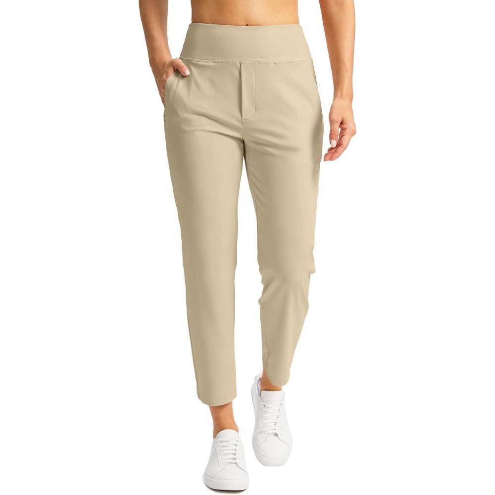 imageSANTINY Womens Pants with 3 Pockets 78 High Waisted Stretch Ankle Pants for Women Golf Casual Travel Athletic WorkKhaki