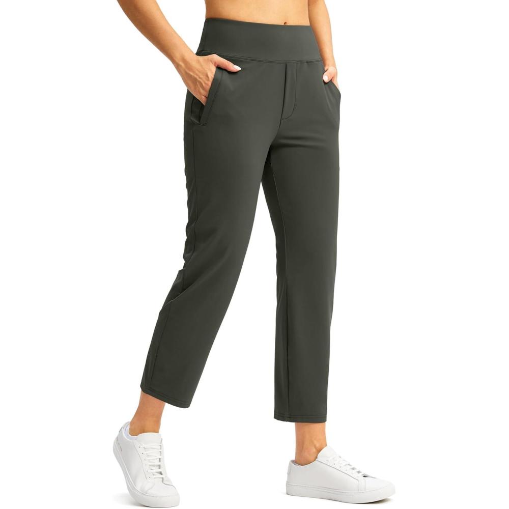 imageSANTINY Womens Pants with 3 Pockets 78 High Waisted Stretch Ankle Pants for Women Golf Casual Travel Athletic WorkOlive Green