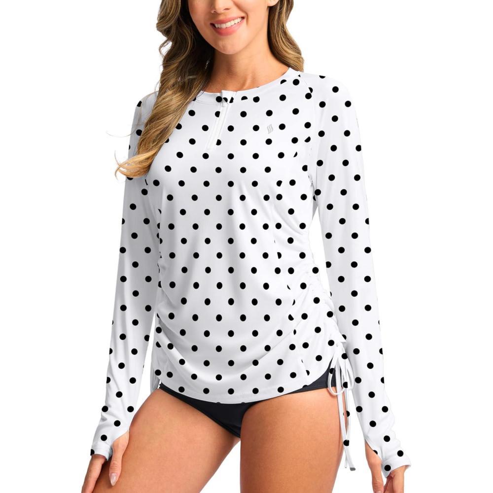 imageSANTINY Womens Rash Guard UPF50 SPF Long Sleeve Swimsuits Top UV Sun Protection Swim Shirts for Woman with ZipBlack Dot