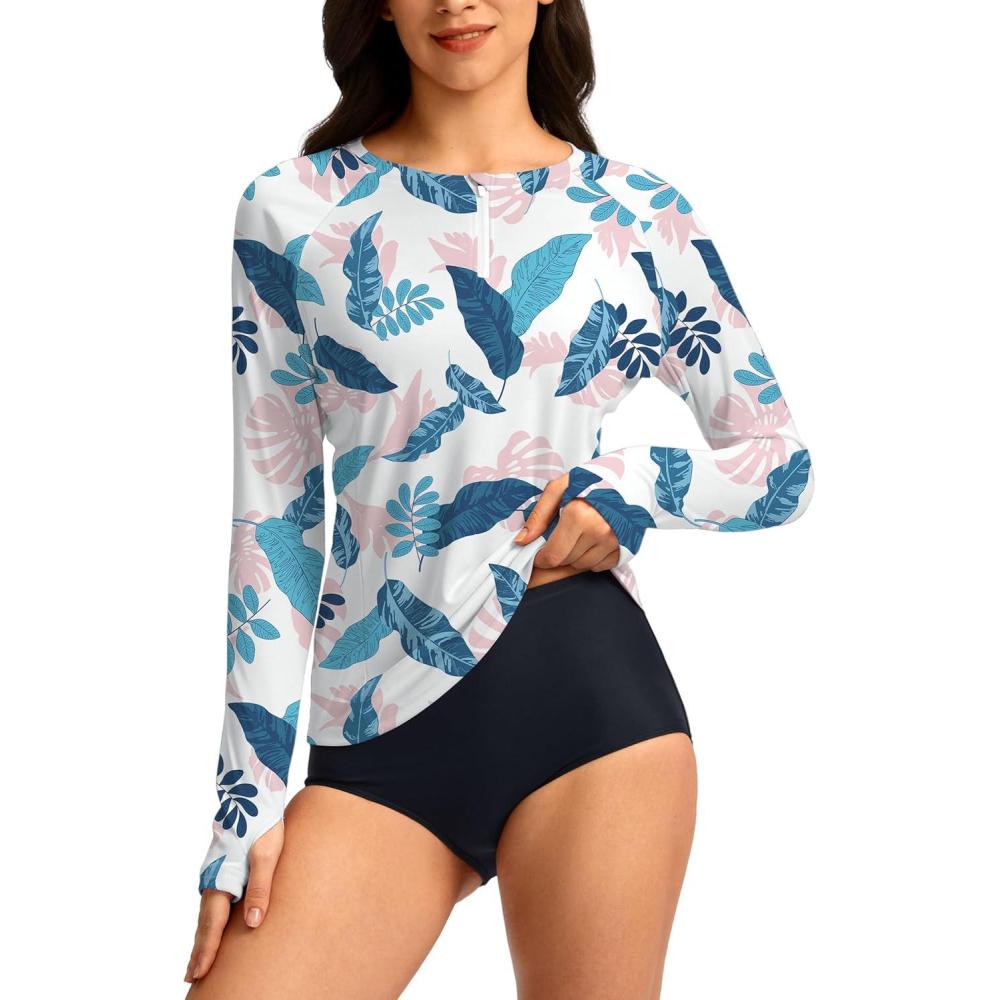 imageSANTINY Womens Rash Guard UPF50 SPF Long Sleeve Swimsuits Top UV Sun Protection Swim Shirts for Woman with ZipPink Leaves