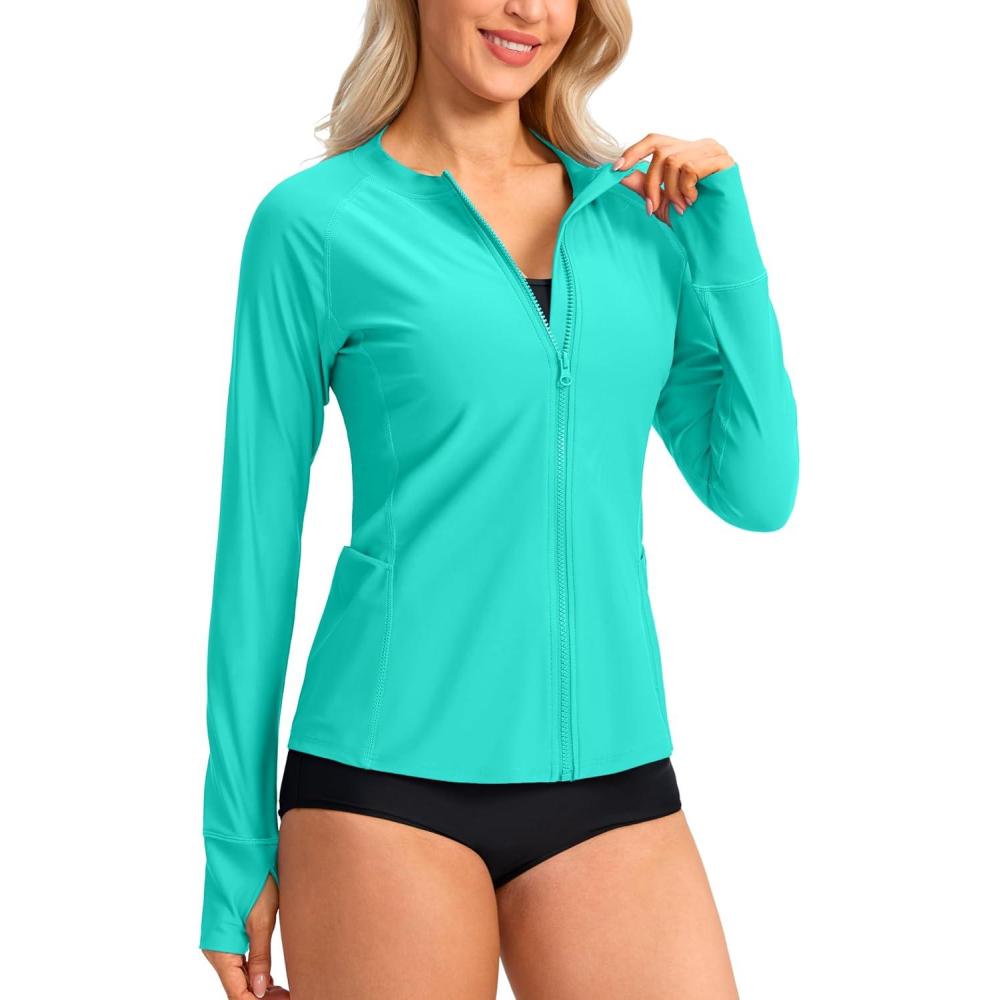 imageSANTINY Womens Rash Guard UPF50 SPF UV Protection Long Sleeve Swimsuit Top with Pockets Zip Front Swim Shirts WomanAqua