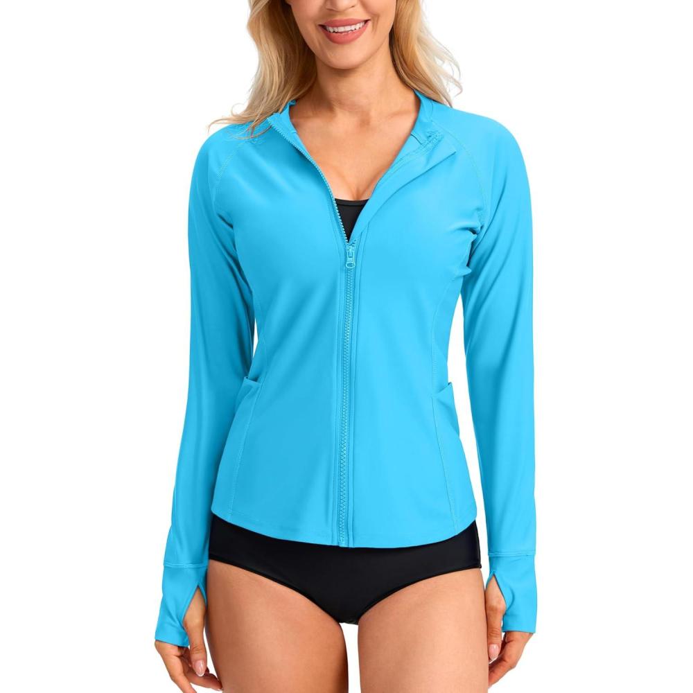 imageSANTINY Womens Rash Guard UPF50 SPF UV Protection Long Sleeve Swimsuit Top with Pockets Zip Front Swim Shirts WomanLight Blue