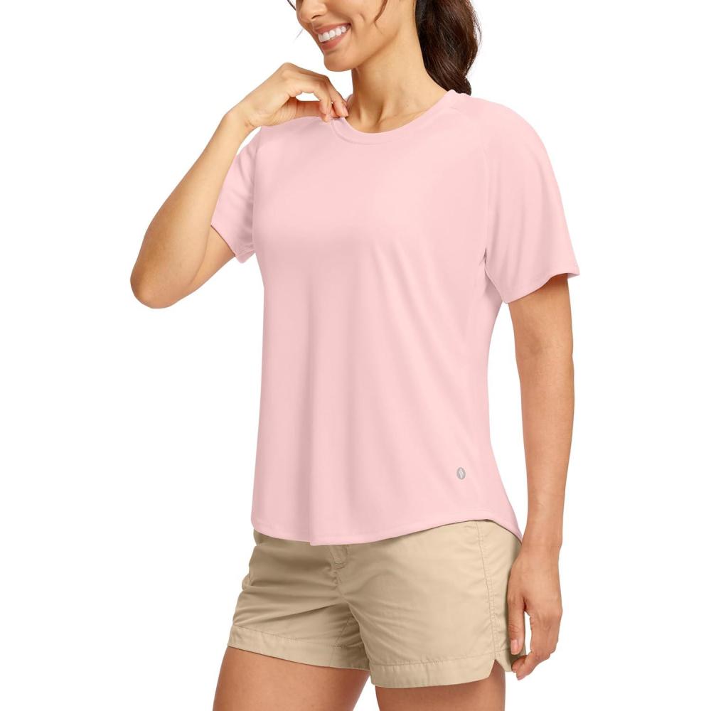 imageSANTINY Womens Short Sleeve Shirts UPF 50 Sun Protection Moisture Wicking TShirts Hiking Athletic Workout Tops for WomenPink