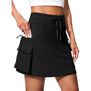 SANTINY 16″ Cargo Skort with 6 Pockets Drawstring High Waisted Golf Travel Hiking Skorts for Women Dressy Casual Summer(Black)