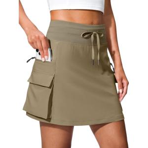 SANTINY 16″ Cargo Skort with 6 Pockets Drawstring High Waisted Golf Travel Hiking Skorts for Women Dressy Casual Summer(Dusty Khaki)