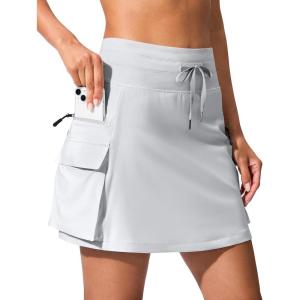 SANTINY 16″ Cargo Skort with 6 Pockets Drawstring High Waisted Golf Travel Hiking Skorts for Women Dressy Casual Summer(Light Grey)
