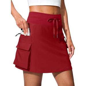 SANTINY 16″ Cargo Skort with 6 Pockets Drawstring High Waisted Golf Travel Hiking Skorts for Women Dressy Casual Summer(Red)