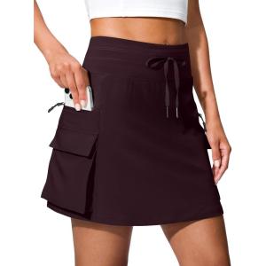 SANTINY 16″ Cargo Skort with 6 Pockets Drawstring High Waisted Golf Travel Hiking Skorts for Women Dressy Casual Summer(Wine)