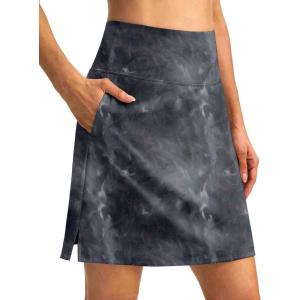 SANTINY 18″ Skorts for Women 3 Pockets High Waist Long Athletic Tennis Skirt Golf Skort for Casual Summer Travel(Black Tie-dye)