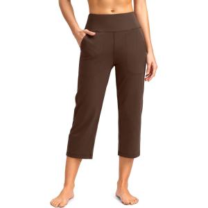 SANTINY Capri Pants for Women High Waisted Workout Yoga Capris Leggings Straight Leg Athletic Cropped Pants with Pockets(Brown)