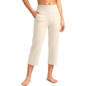 SANTINY Capri Pants for Women High Waisted Workout Yoga Capris Leggings Straight Leg Athletic Cropped Pants with Pockets(Creamy)