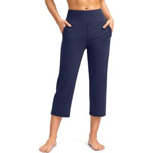SANTINY Capri Pants for Women High Waisted Workout Yoga Capris Leggings Straight Leg Athletic Cropped Pants with Pockets(Navy)