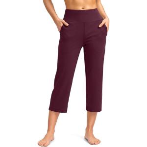 SANTINY Capri Pants for Women High Waisted Workout Yoga Capris Leggings Straight Leg Athletic Cropped Pants with Pockets(Wine)