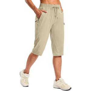 SANTINY Women’s 15″ Long Shorts with Pockets Below The Knee Length Hiking Cargo Capris Lightweight Quick Dry Bermuda Shorts(Light Khaki)