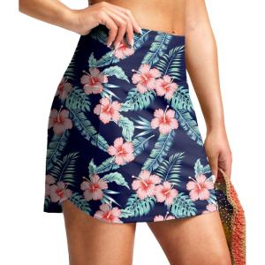 SANTINY Women’s 17” Long Swim Skirt with Pockets High Waisted Modest Tummy Control Swimsuit Skirt Bathing Suit Bottoms(Navy Flower)