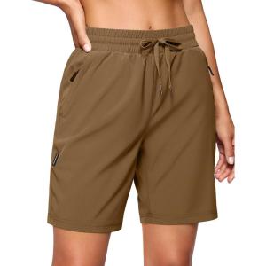 SANTINY Women’s 7”/ 9” Hiking Shorts with 3 Zipper Pockets Lightweight Quick Dry Long Athletic Golf Shorts for Women Casual(Brown)