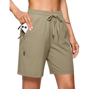 SANTINY Women’s 7”/ 9” Hiking Shorts with 3 Zipper Pockets Lightweight Quick Dry Long Athletic Golf Shorts for Women Casual(Dark Khaki)