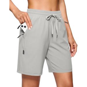 SANTINY Women’s 7”/ 9” Hiking Shorts with 3 Zipper Pockets Lightweight Quick Dry Long Athletic Golf Shorts for Women Casual(Light Grey)