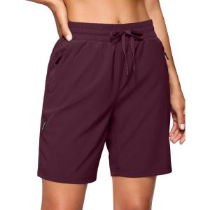 SANTINY Women’s 7”/ 9” Hiking Shorts with 3 Zipper Pockets Lightweight Quick Dry Long Athletic Golf Shorts for Women Casual(Wine)