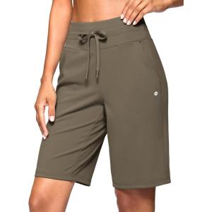SANTINY Women’s Bermuda Long Shorts with Pockets Drawstring High Waisted Athletic Knee Length Shorts Walking Casual Workout(Dark Khaki)