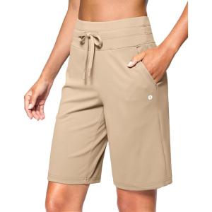 SANTINY Women’s Bermuda Long Shorts with Pockets Drawstring High Waisted Athletic Knee Length Shorts Walking Casual Workout(Khaki)