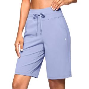 SANTINY Women’s Bermuda Long Shorts with Pockets Drawstring High Waisted Athletic Knee Length Shorts Walking Casual Workout(Lavender)