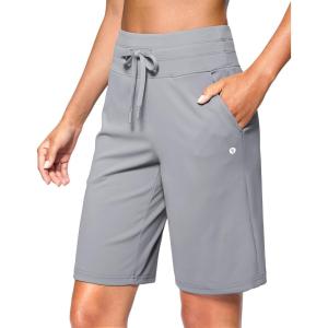 SANTINY Women’s Bermuda Long Shorts with Pockets Drawstring High Waisted Athletic Knee Length Shorts Walking Casual Workout(Light Grey)