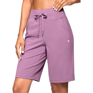 SANTINY Women’s Bermuda Long Shorts with Pockets Drawstring High Waisted Athletic Knee Length Shorts Walking Casual Workout(Purple Grey)