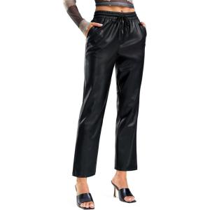 SANTINY Women’s Faux Leather Pants High Waisted Straight Leg Cropped Ankle Trousers Vegan Matte Pleather Pants for Women(Black)