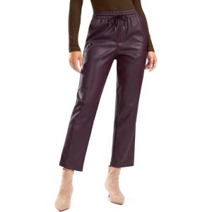 SANTINY Women’s Faux Leather Pants High Waisted Straight Leg Cropped Ankle Trousers Vegan Matte Pleather Pants for Women(Wine)