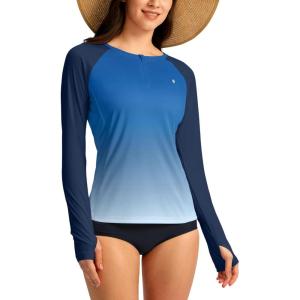 SANTINY Women’s Rash Guard UPF50+ SPF Long Sleeve Swimsuits Top UV Sun Protection Swim Shirts for Woman with Zip(Blue Gradient)