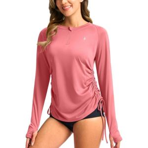 SANTINY Women’s Rash Guard UPF50+ SPF Long Sleeve Swimsuits Top UV Sun Protection Swim Shirts for Woman with Zip(Coral)